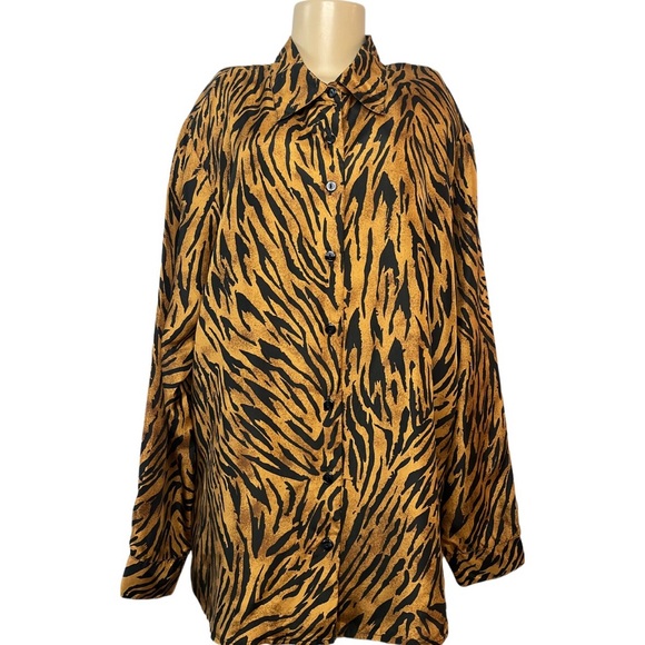Vintage 90s Stunt Woman Silk Tiger Print Blouse - Picture 1 of 7